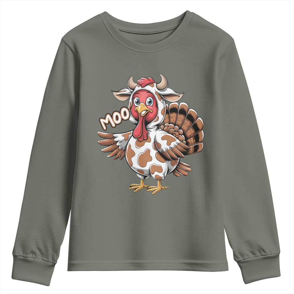 Funny Thanksgiving Youth Sweatshirt Turkey Moo Cow Lovers TS10 Military Green Print Your Wear