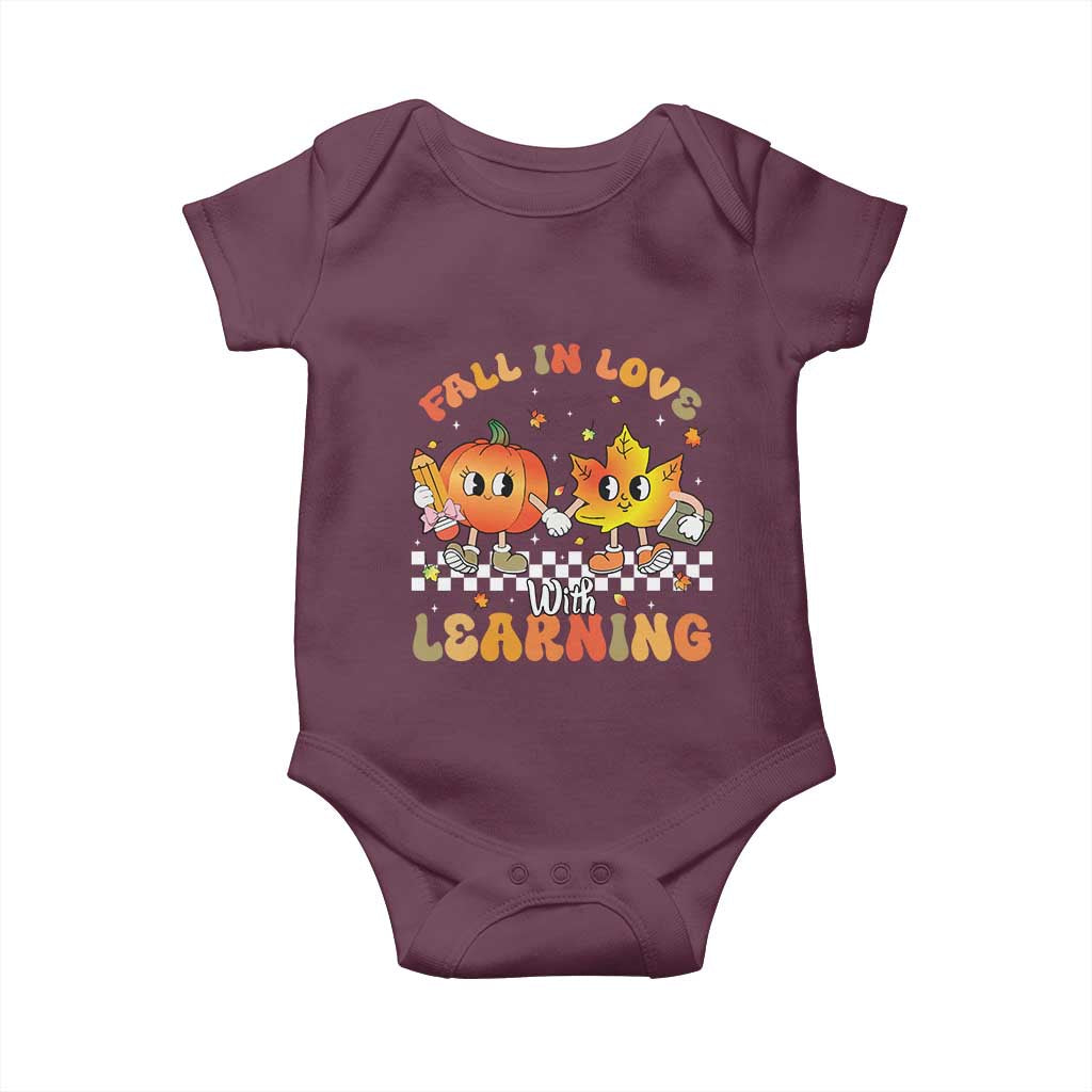Autumn Teacher Baby Onesie Retro Fall In Love With Learning Thanksgiving Pumpkin TS10 Maroon Print Your Wear
