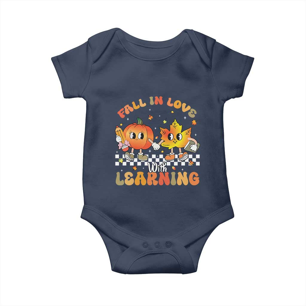 Autumn Teacher Baby Onesie Retro Fall In Love With Learning Thanksgiving Pumpkin TS10 Navy Print Your Wear