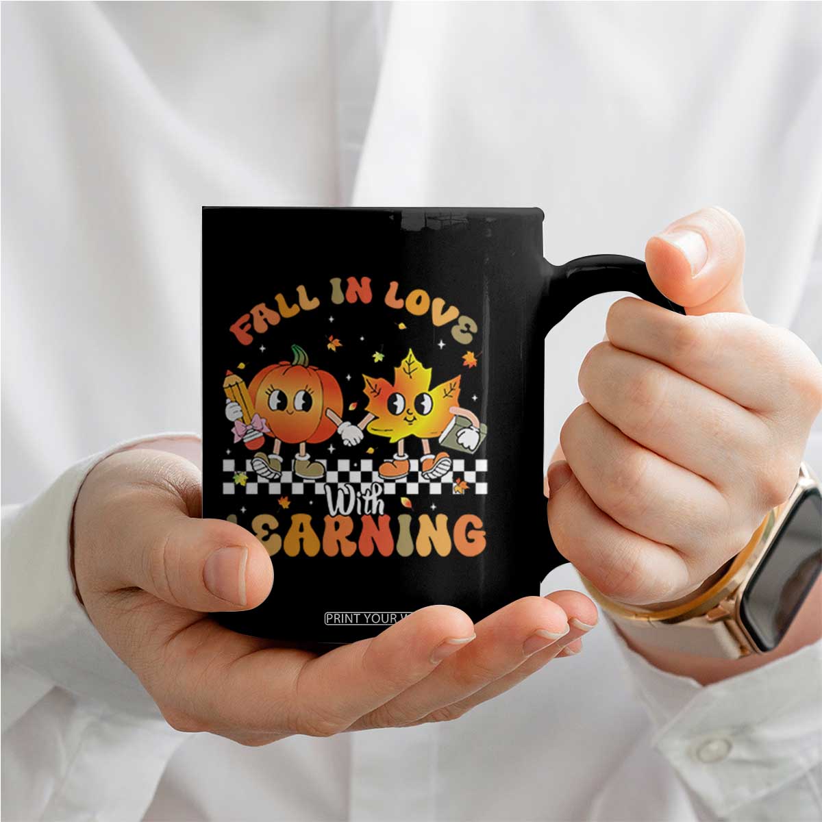 Autumn Teacher Coffee Mug Retro Fall In Love With Learning Thanksgiving Pumpkin TS10 Print Your Wear