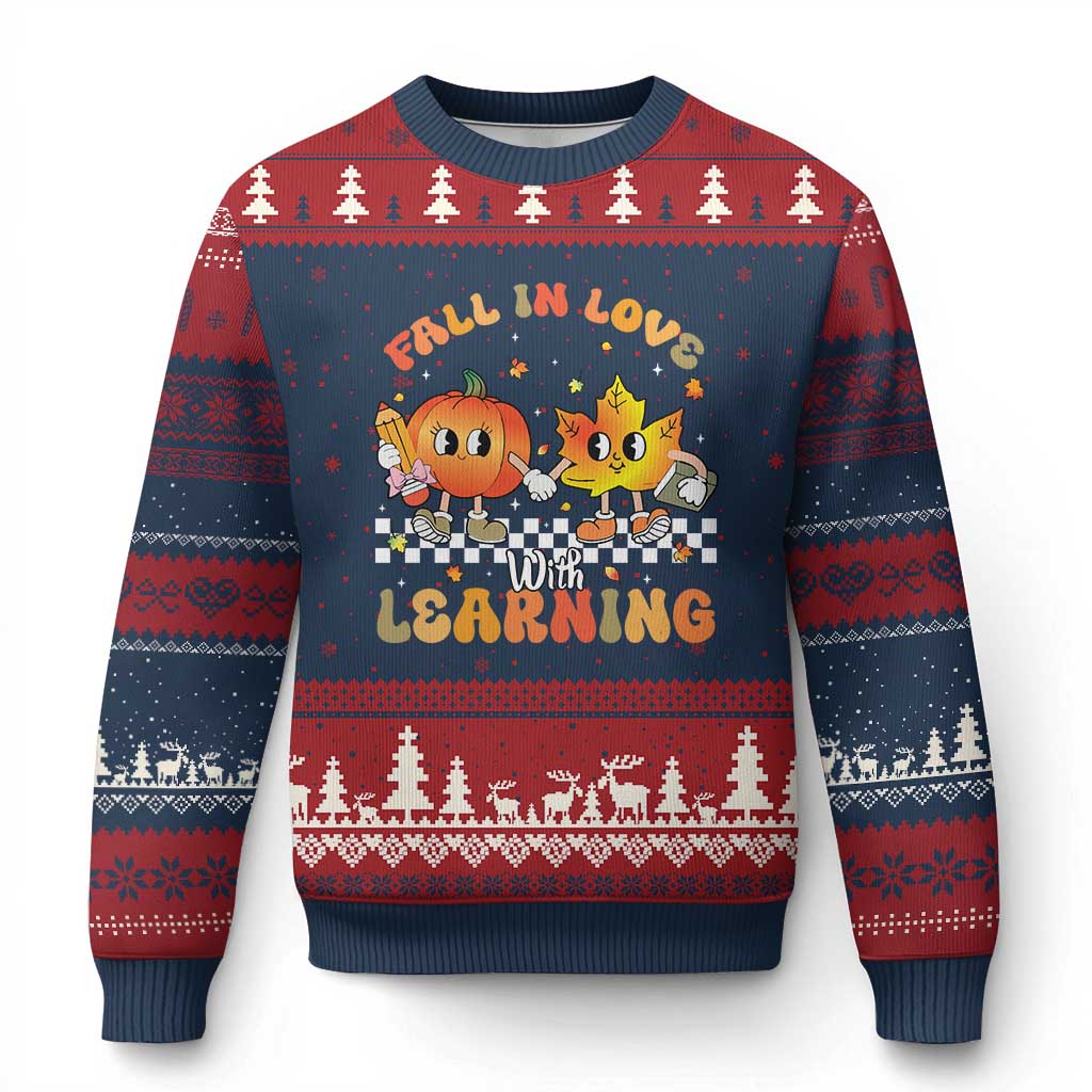 Autumn Teacher Ugly Christmas Sweater Retro Fall In Love With Learning Thanksgiving Pumpkin TS10 Navy Red Print Your Wear