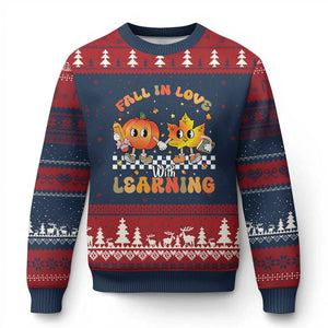 Autumn Teacher Ugly Christmas Sweater Retro Fall In Love With Learning Thanksgiving Pumpkin TS10 Navy Red Print Your Wear