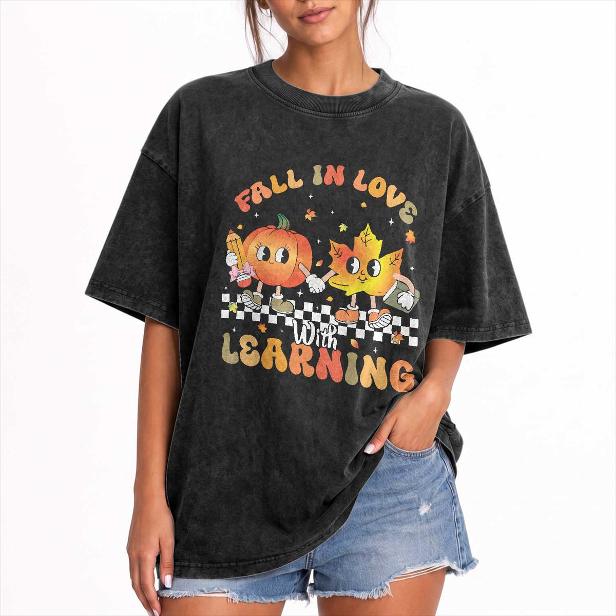 Autumn Teacher Washed Cotton T-Shirt Retro Fall In Love With Learning Thanksgiving Pumpkin