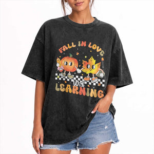 Autumn Teacher Washed Cotton T-Shirt Retro Fall In Love With Learning Thanksgiving Pumpkin