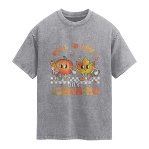 Autumn Teacher Washed Cotton T-Shirt Retro Fall In Love With Learning Thanksgiving Pumpkin