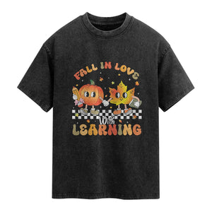 Autumn Teacher Washed Cotton T-Shirt Retro Fall In Love With Learning Thanksgiving Pumpkin