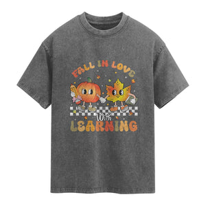 Autumn Teacher Washed Cotton T-Shirt Retro Fall In Love With Learning Thanksgiving Pumpkin