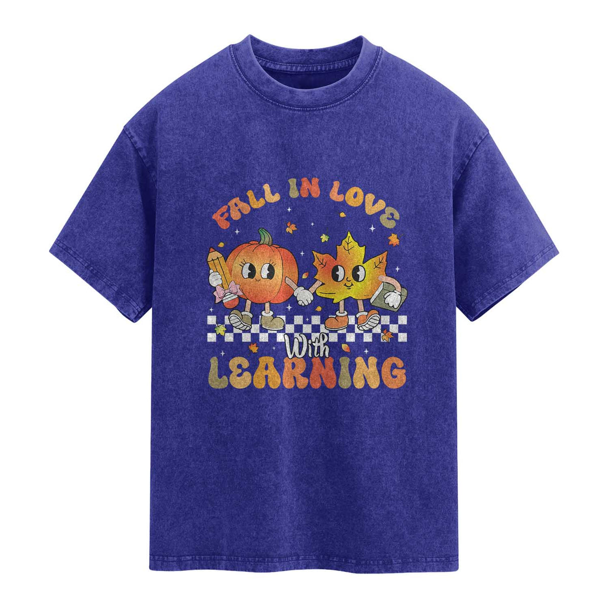 Autumn Teacher Washed Cotton T-Shirt Retro Fall In Love With Learning Thanksgiving Pumpkin