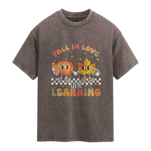 Autumn Teacher Washed Cotton T-Shirt Retro Fall In Love With Learning Thanksgiving Pumpkin