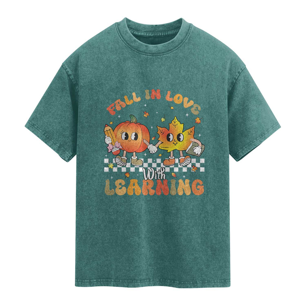 Autumn Teacher Washed Cotton T-Shirt Retro Fall In Love With Learning Thanksgiving Pumpkin