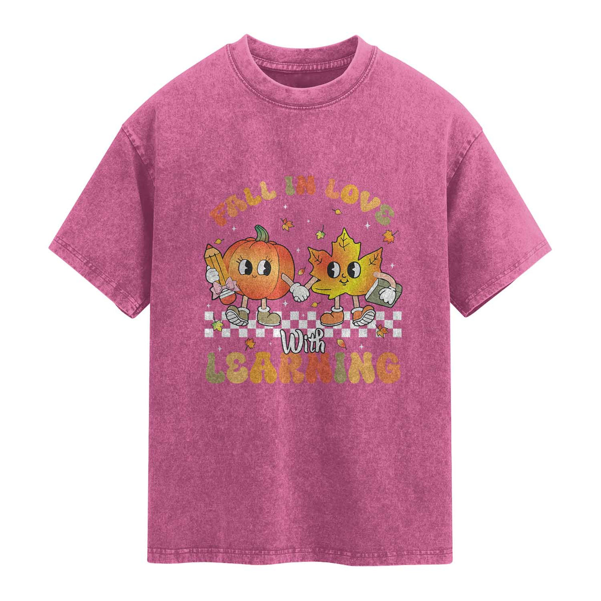 Autumn Teacher Washed Cotton T-Shirt Retro Fall In Love With Learning Thanksgiving Pumpkin