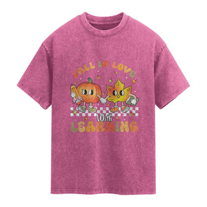 Autumn Teacher Washed Cotton T-Shirt Retro Fall In Love With Learning Thanksgiving Pumpkin