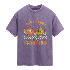 Autumn Teacher Washed Cotton T-Shirt Retro Fall In Love With Learning Thanksgiving Pumpkin