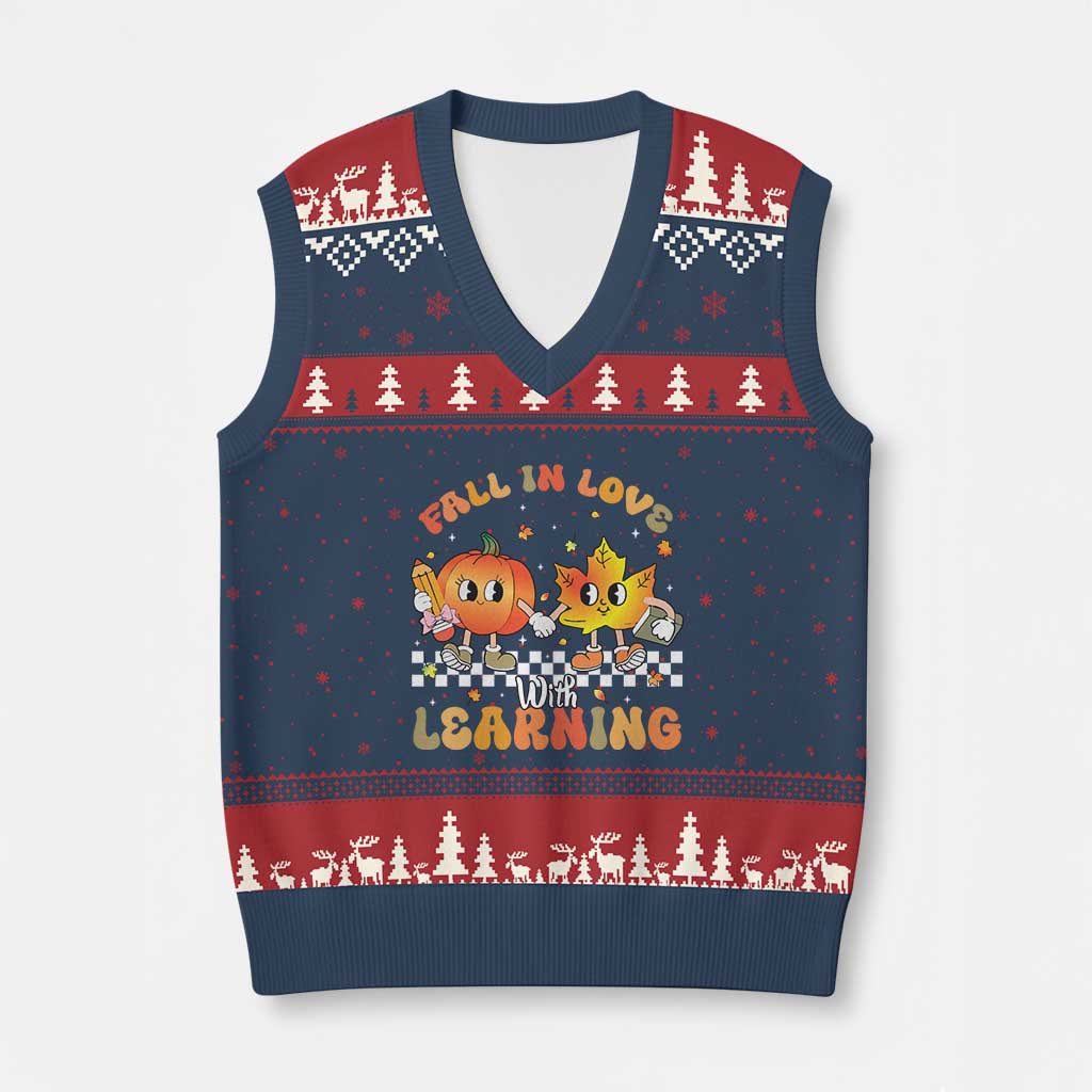 Autumn Teacher V-Neck Knit Sweater Vest Retro Fall In Love With Learning Thanksgiving Pumpkin TS10 Navy Red Print Your Wear