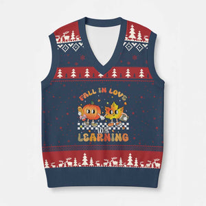 Autumn Teacher V-Neck Knit Sweater Vest Retro Fall In Love With Learning Thanksgiving Pumpkin TS10 Navy Red Print Your Wear