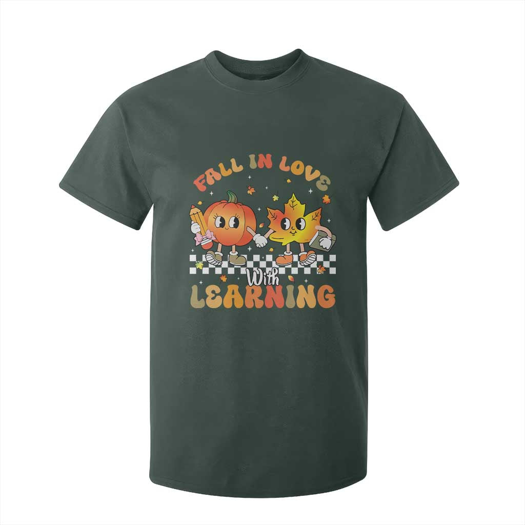Autumn Teacher T Shirt For Kid Retro Fall In Love With Learning Thanksgiving Pumpkin TS10 Dark Forest Green Print Your Wear