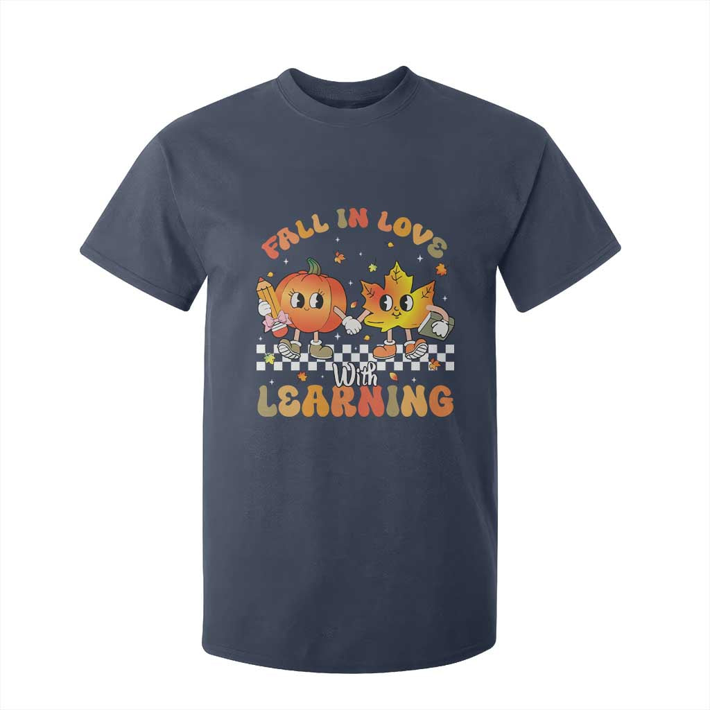 Autumn Teacher T Shirt For Kid Retro Fall In Love With Learning Thanksgiving Pumpkin TS10 Navy Print Your Wear