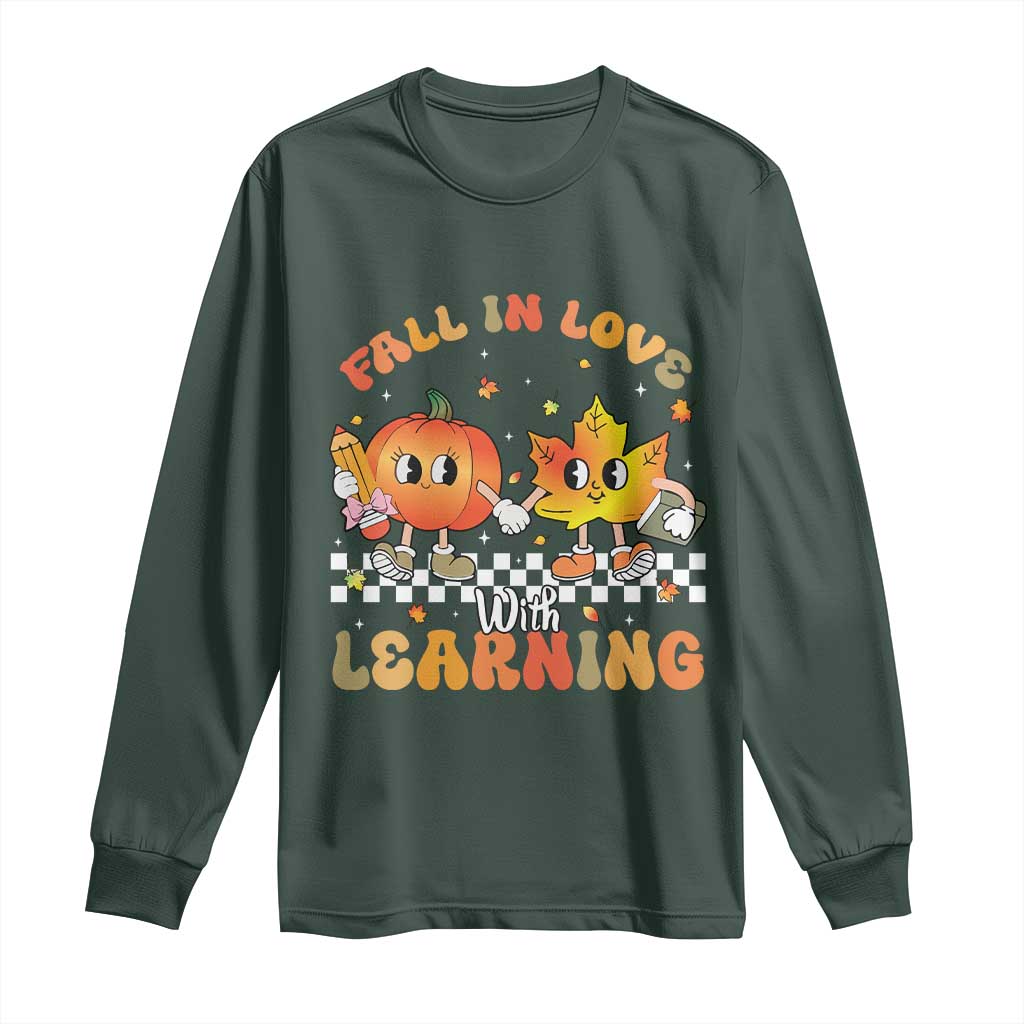 Autumn Teacher Long Sleeve Shirt Retro Fall In Love With Learning Thanksgiving Pumpkin TS10 Dark Forest Green Print Your Wear