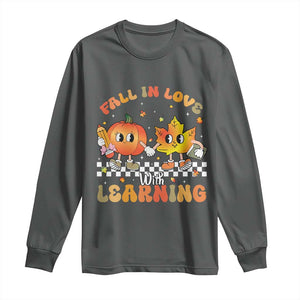 Autumn Teacher Long Sleeve Shirt Retro Fall In Love With Learning Thanksgiving Pumpkin TS10 Dark Heather Print Your Wear