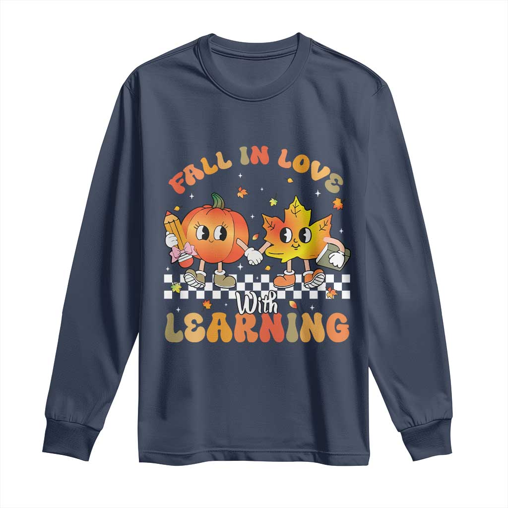 Autumn Teacher Long Sleeve Shirt Retro Fall In Love With Learning Thanksgiving Pumpkin TS10 Navy Print Your Wear