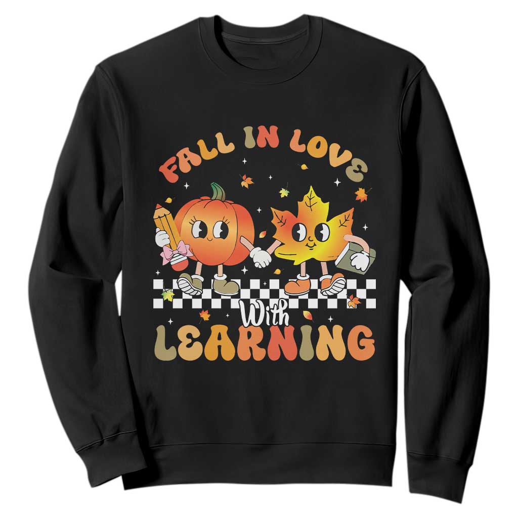 Autumn Teacher Sweatshirt Retro Fall In Love With Learning Thanksgiving Pumpkin TS10 Black Print Your Wear