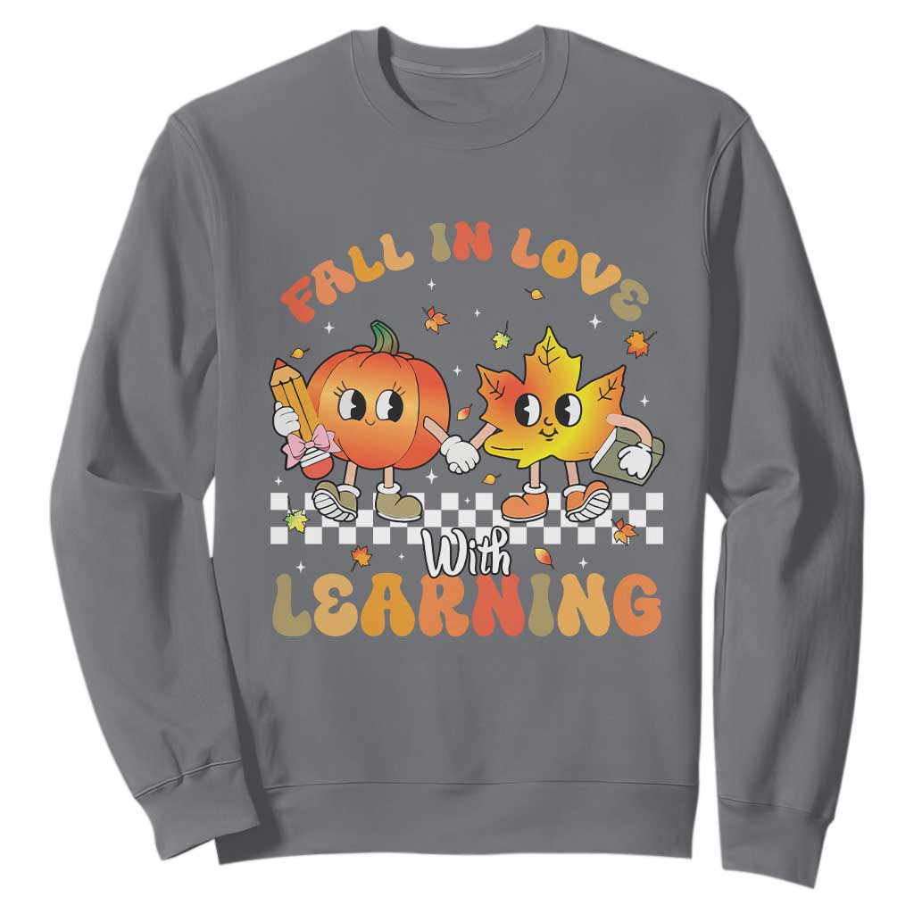 Autumn Teacher Sweatshirt Retro Fall In Love With Learning Thanksgiving Pumpkin TS10 Charcoal Print Your Wear