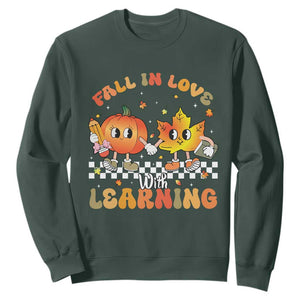 Autumn Teacher Sweatshirt Retro Fall In Love With Learning Thanksgiving Pumpkin TS10 Dark Forest Green Print Your Wear