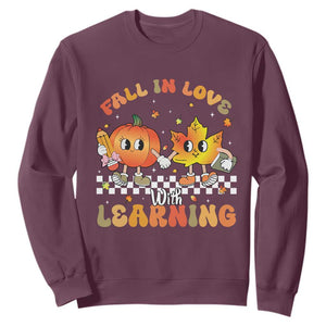 Autumn Teacher Sweatshirt Retro Fall In Love With Learning Thanksgiving Pumpkin TS10 Maroon Print Your Wear