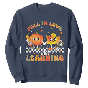 Autumn Teacher Sweatshirt Retro Fall In Love With Learning Thanksgiving Pumpkin TS10 Navy Print Your Wear
