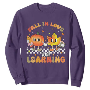 Autumn Teacher Sweatshirt Retro Fall In Love With Learning Thanksgiving Pumpkin TS10 Purple Print Your Wear