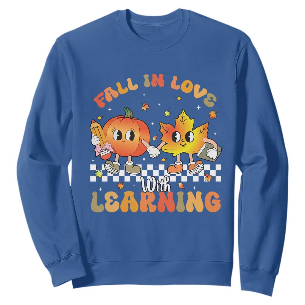 Autumn Teacher Sweatshirt Retro Fall In Love With Learning Thanksgiving Pumpkin TS10 Royal Blue Print Your Wear