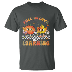 Autumn Teacher T Shirt Retro Fall In Love With Learning Thanksgiving Pumpkin TS10 Dark Heather Print Your Wear