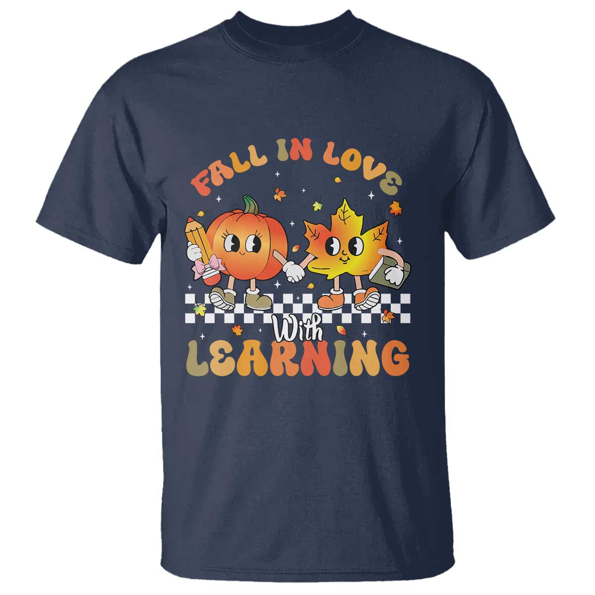 Autumn Teacher T Shirt Retro Fall In Love With Learning Thanksgiving Pumpkin TS10 Navy Print Your Wear