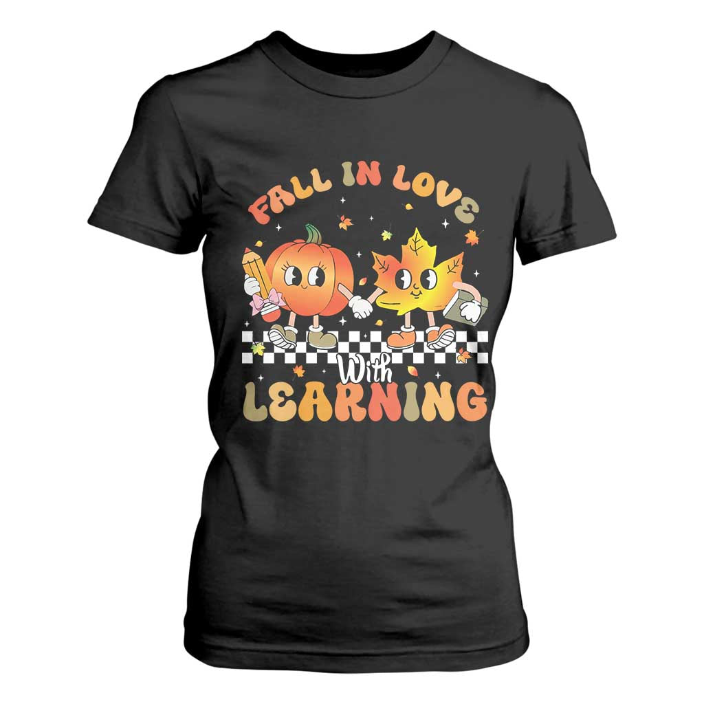 Autumn Teacher T Shirt For Women Retro Fall In Love With Learning Thanksgiving Pumpkin TS10 Black Print Your Wear