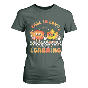Autumn Teacher T Shirt For Women Retro Fall In Love With Learning Thanksgiving Pumpkin TS10 Dark Forest Green Print Your Wear