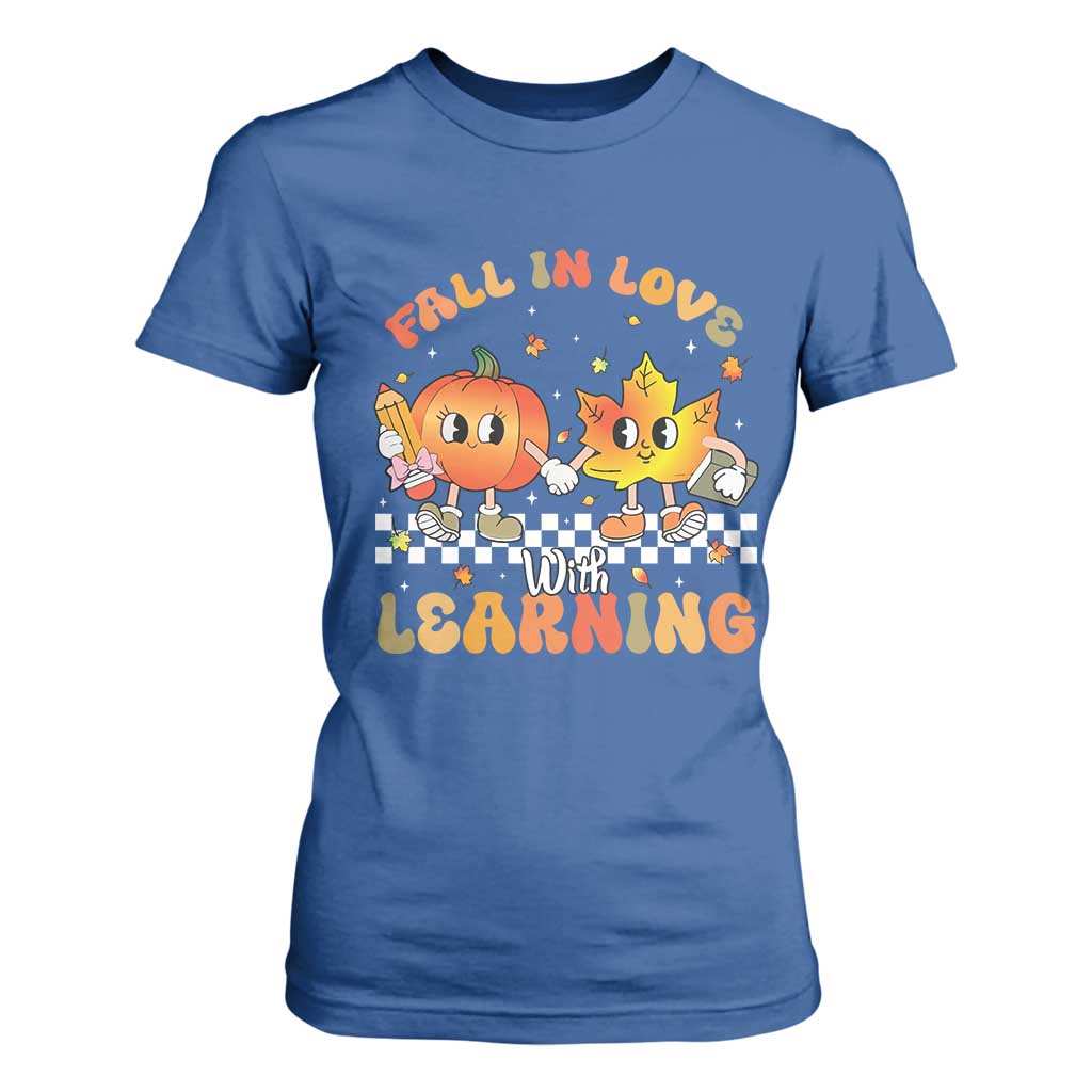 Autumn Teacher T Shirt For Women Retro Fall In Love With Learning Thanksgiving Pumpkin TS10 Royal Blue Print Your Wear