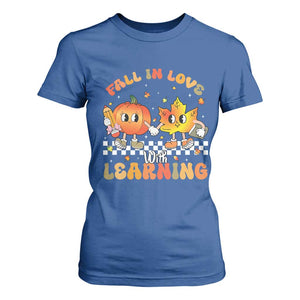Autumn Teacher T Shirt For Women Retro Fall In Love With Learning Thanksgiving Pumpkin TS10 Royal Blue Print Your Wear