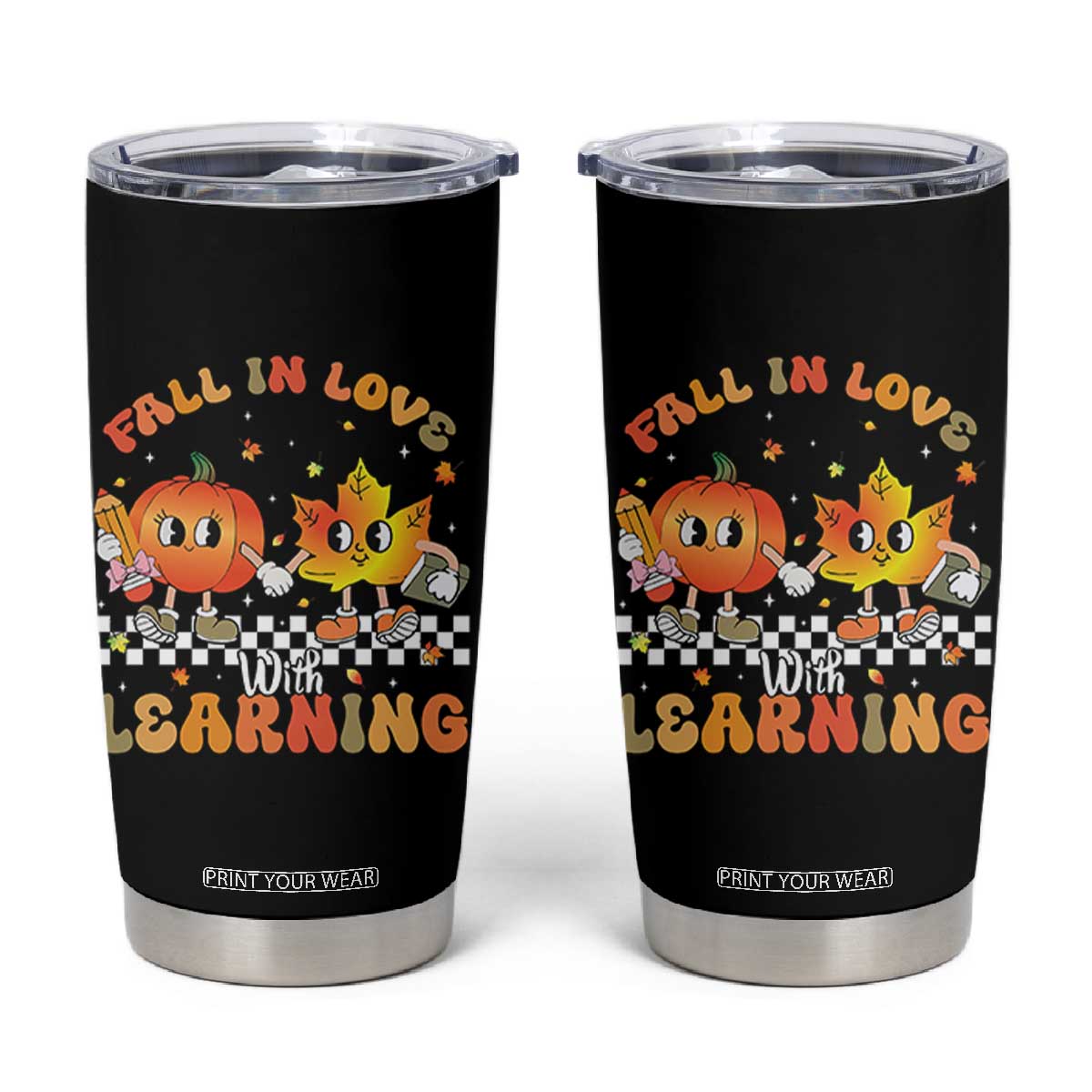 Autumn Teacher Tumbler Cup Retro Fall In Love With Learning Thanksgiving Pumpkin TS10 Black Print Your Wear