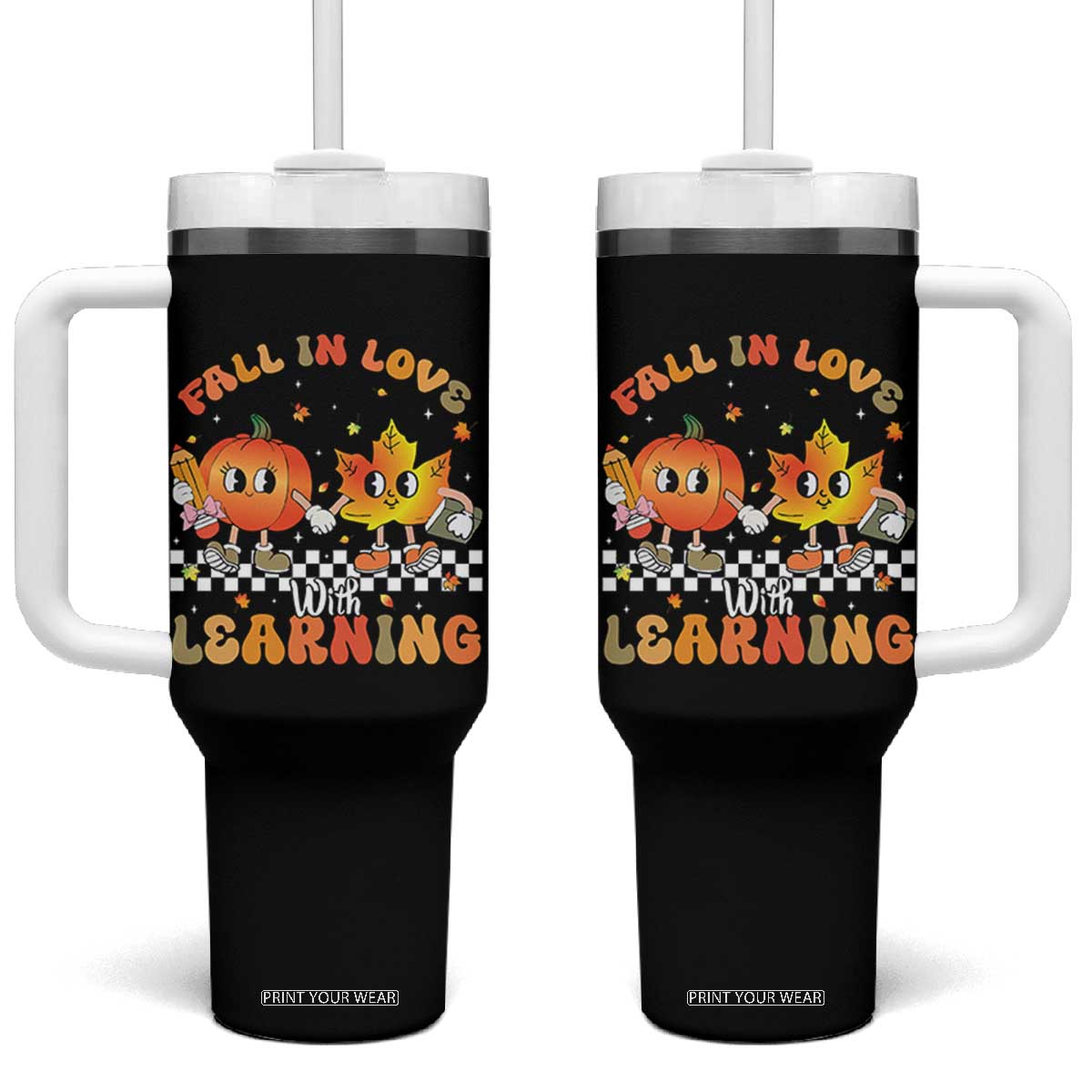Autumn Teacher Tumbler With Handle Retro Fall In Love With Learning Thanksgiving Pumpkin TS10 One Size: 40 oz Black Print Your Wear