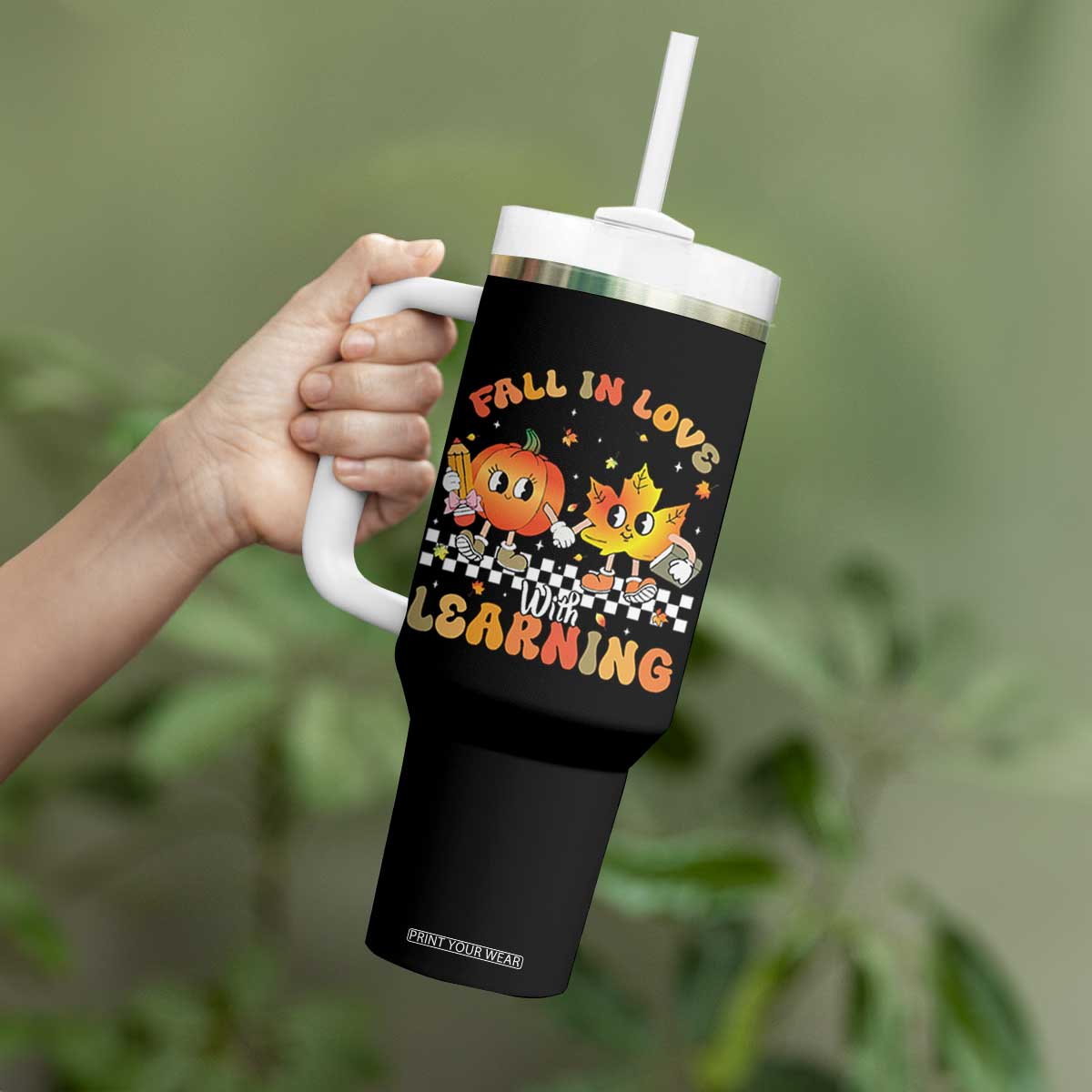 Autumn Teacher Tumbler With Handle Retro Fall In Love With Learning Thanksgiving Pumpkin TS10 Print Your Wear