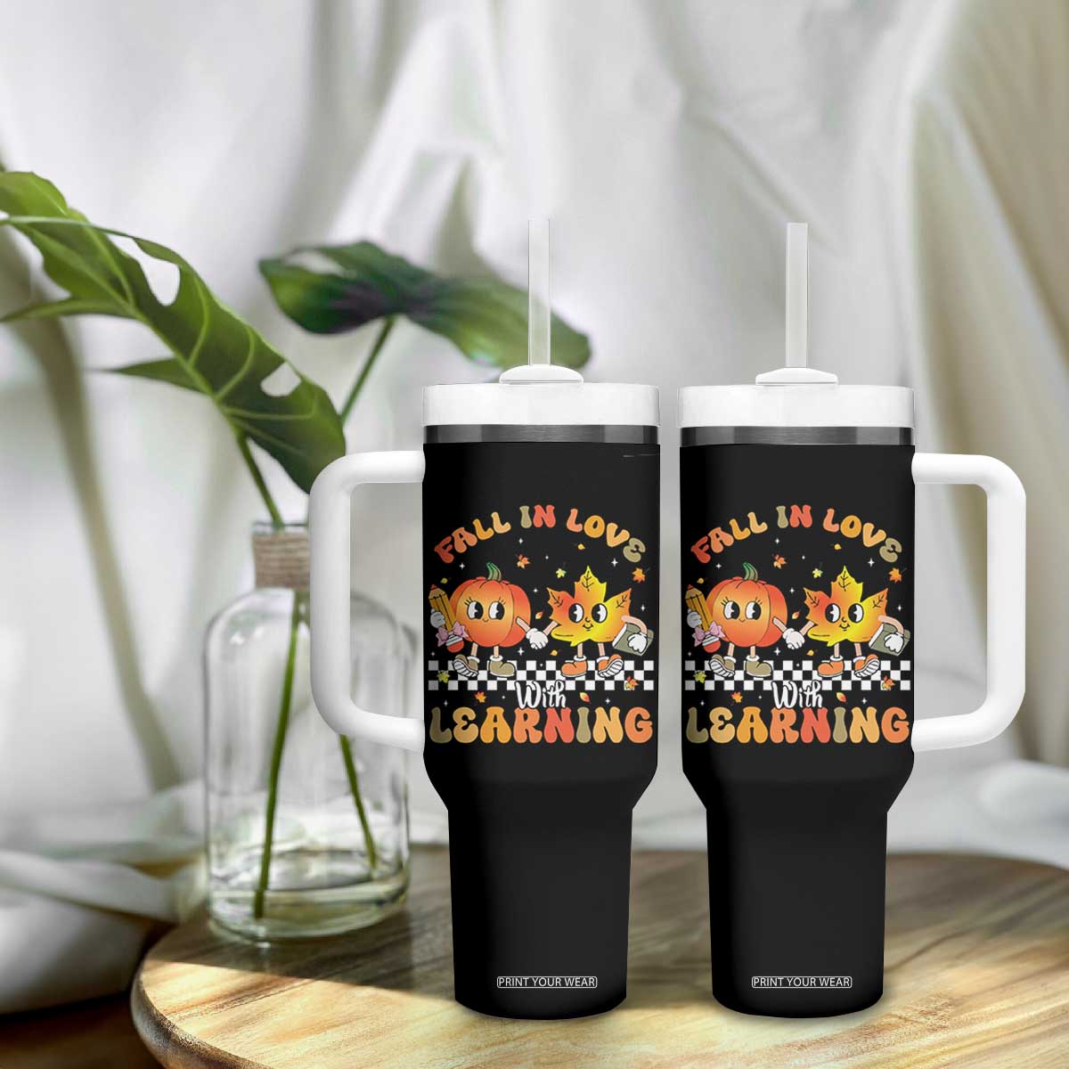 Autumn Teacher Tumbler With Handle Retro Fall In Love With Learning Thanksgiving Pumpkin TS10 Print Your Wear