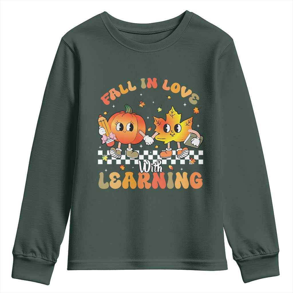 Autumn Teacher Youth Sweatshirt Retro Fall In Love With Learning Thanksgiving Pumpkin TS10 Dark Forest Green Print Your Wear