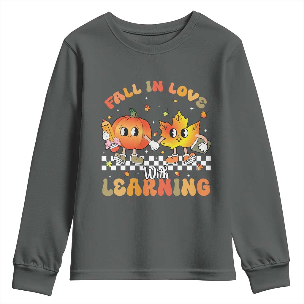 Autumn Teacher Youth Sweatshirt Retro Fall In Love With Learning Thanksgiving Pumpkin TS10 Dark Heather Print Your Wear