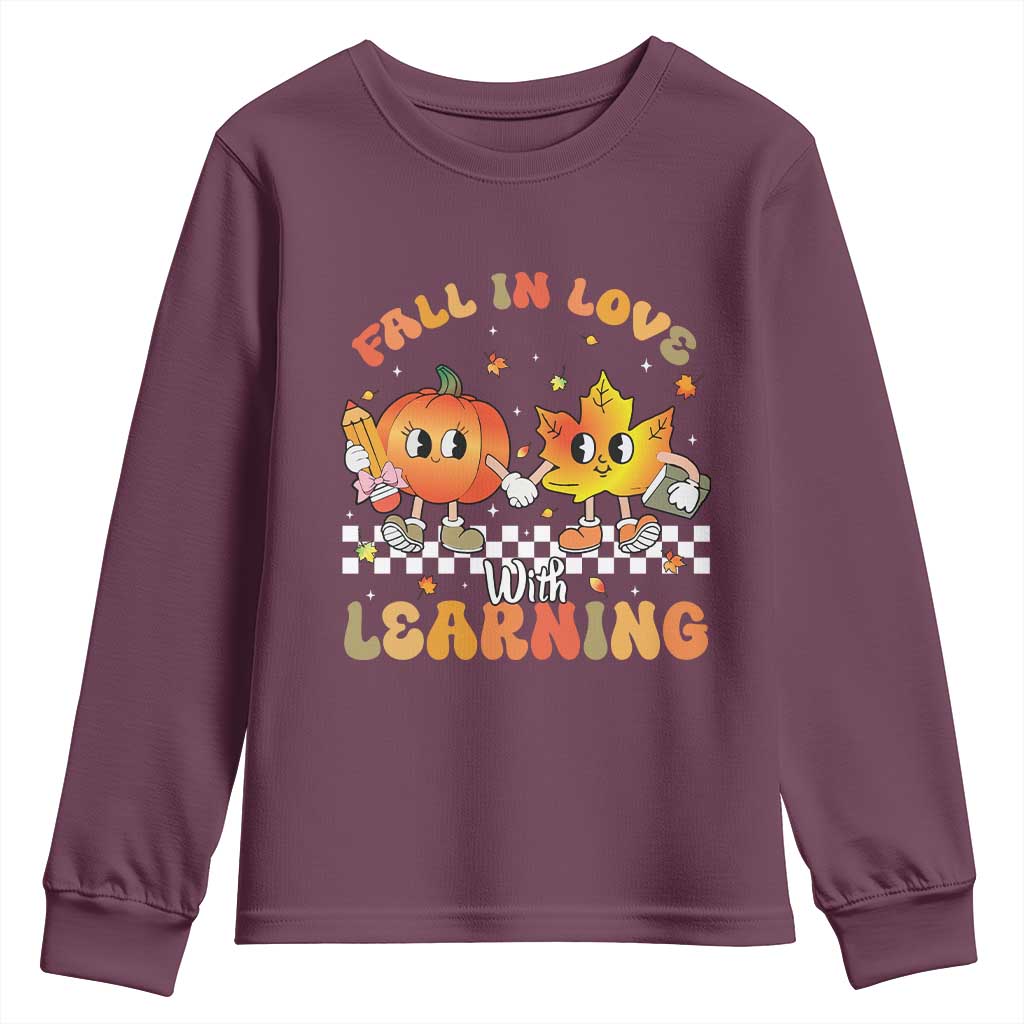 Autumn Teacher Youth Sweatshirt Retro Fall In Love With Learning Thanksgiving Pumpkin TS10 Maroon Print Your Wear