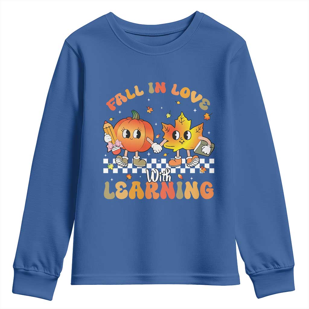 Autumn Teacher Youth Sweatshirt Retro Fall In Love With Learning Thanksgiving Pumpkin TS10 Royal Blue Print Your Wear