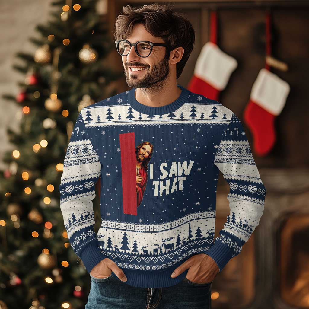 Funny Jesus I Saw That Ugly Christmas Sweater Retro Christian Meme TS10 Navy Beige Print Your Wear