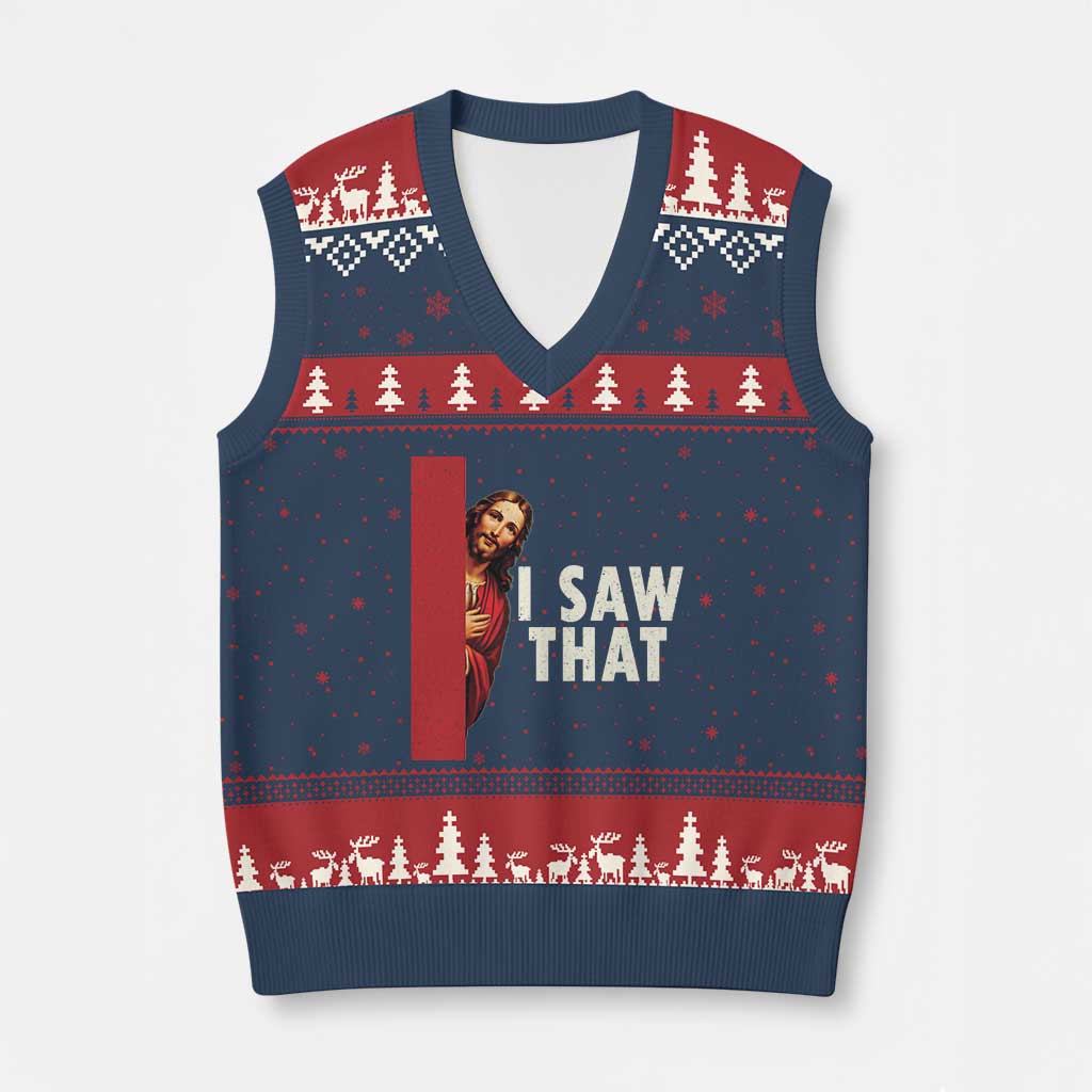 Funny Jesus I Saw That V-Neck Knit Sweater Vest Retro Christian Meme TS10 Navy Red Print Your Wear