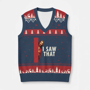 Funny Jesus I Saw That V-Neck Knit Sweater Vest Retro Christian Meme TS10 Navy Red Print Your Wear