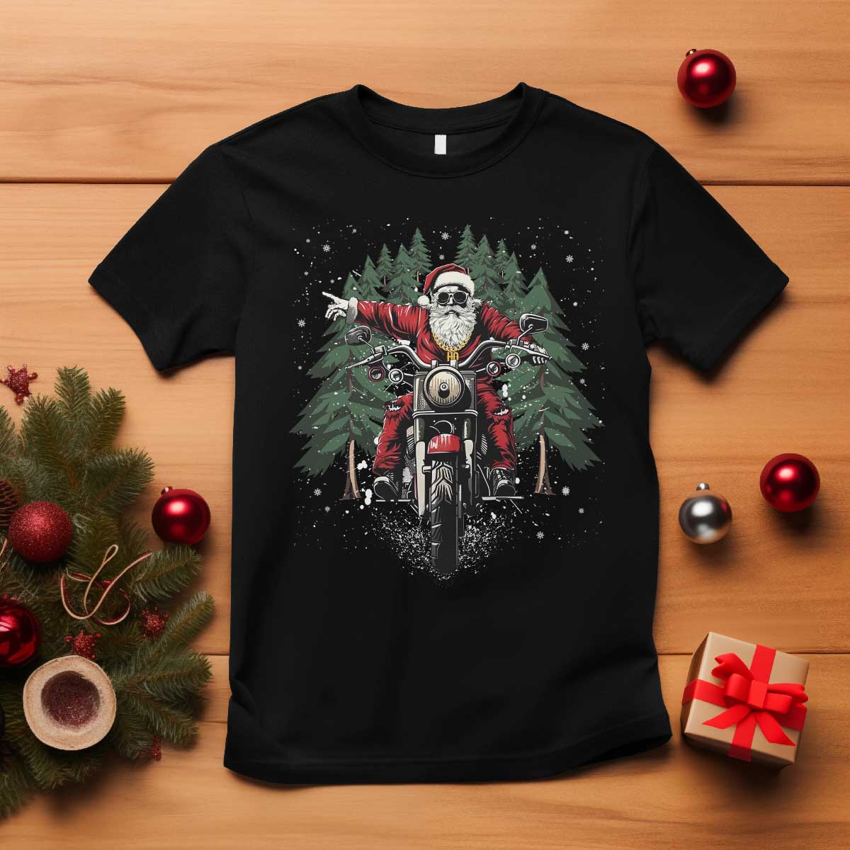 Christmas Motorcycle T Shirt Santa Biker Riding Motorcycle TS10 Black Print Your Wear