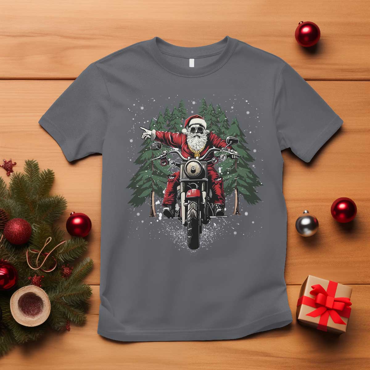 Christmas Motorcycle T Shirt Santa Biker Riding Motorcycle TS10 Charcoal Print Your Wear
